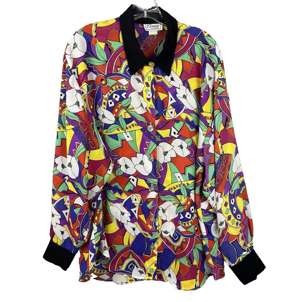 VTG 90's Abstract Floral Rayon Blouse Made USA Oversized Art Print Dopamine Mod